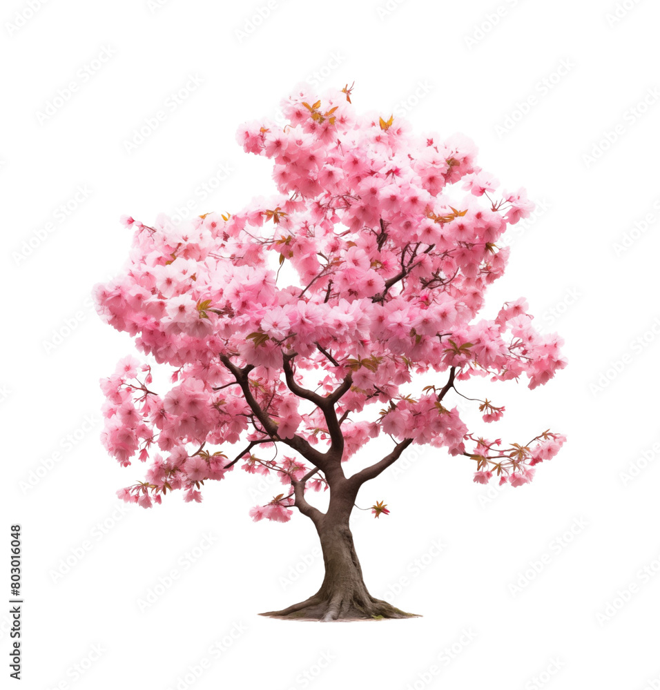 A flourishing pink cherry blossom tree isolated on transparent background, epitomizing the beauty of spring. Generative AI