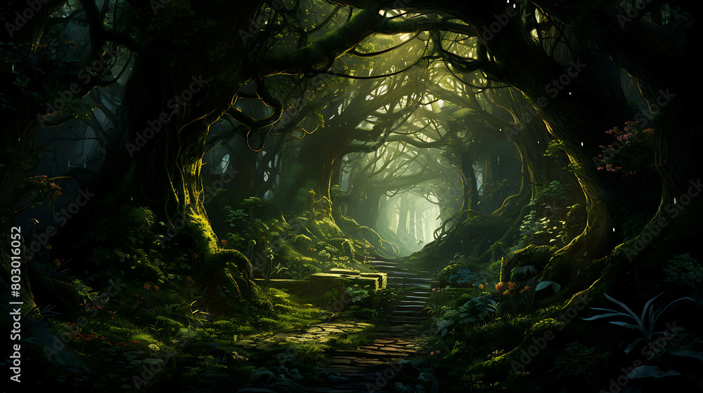 An enchanted forest path lined with ancient trees, their roots intertwining over a carpet of moss and ferns, and shafts of sunlight piercing the canopy to create a mystical atmosphere.