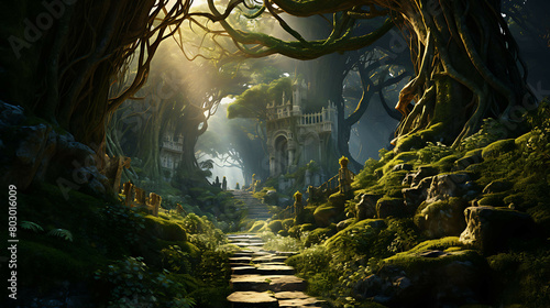 An enchanted forest path lined with ancient trees  their roots intertwining over a carpet of moss and ferns  and shafts of sunlight piercing the canopy to create a mystical atmosphere.