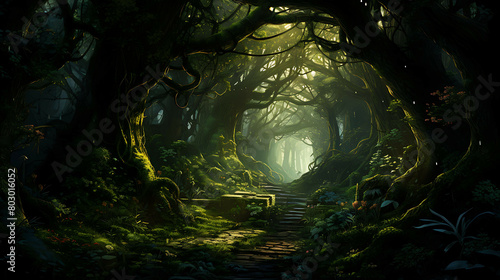 An enchanted forest path lined with ancient trees, their roots intertwining over a carpet of moss and ferns, and shafts of sunlight piercing the canopy to create a mystical atmosphere.