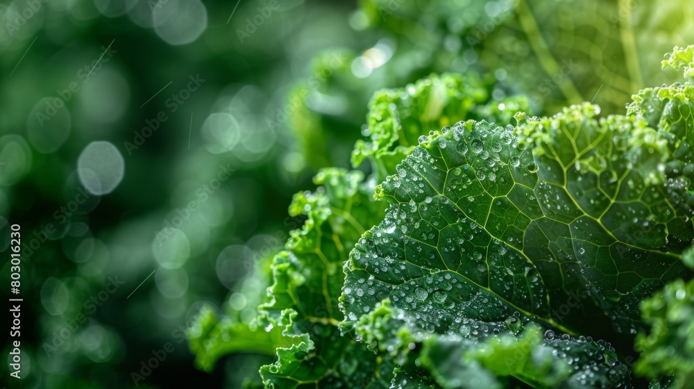 Radiant close-up of kale leaves delicately adorned with morning dew, showcasing their intricate texture and vibrant green hue. Generative Ai Radiant close-up of kale leaves delicately adorned with morning dew, showcasing their intricate texture and vibrant green hue. Generative Ai