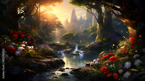 An enchanted forest scene where a stream quietly meanders through, leading to a distant, softly illuminated waterfall, with the surrounding flora bathed in the ethereal light of the setting sun.