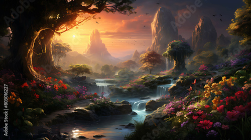 An enchanted forest scene where a stream quietly meanders through  leading to a distant  softly illuminated waterfall  with the surrounding flora bathed in the ethereal light of the setting sun.