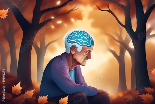 Alzheimer awareness day, dementia diagnosis, Parkinson´s disease, memory loss disorder, brain with autumn foliage photo