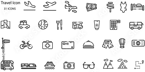 Travel set of web icons in line style.Travel and vacation icons for web and mobile app. Airport, tickets, tour, relax, hotel, recreational rest, service. Vector illustration
