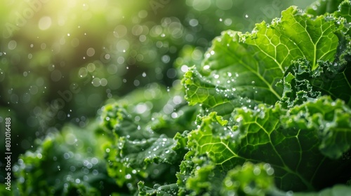 Radiant close-up of kale leaves delicately adorned with morning dew, showcasing their intricate texture and vibrant green hue. Generative Ai