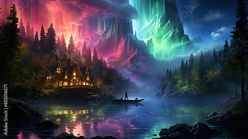 An ethereal scene where the Northern Lights dance above a towering waterfall, cascading into a hidden lake, with the colors of the aurora reflecting off the water's surface.