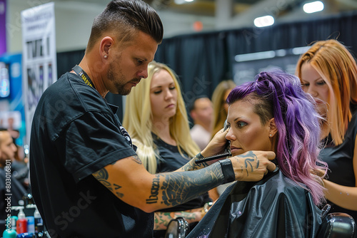 An award-winning hairstylist demonstrates advanced cutting techniques at a national hair show, inspiring industry peers and aspiring stylists photo