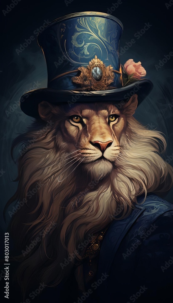 A steampunk lion wearing a blue top hat with a pink rose.