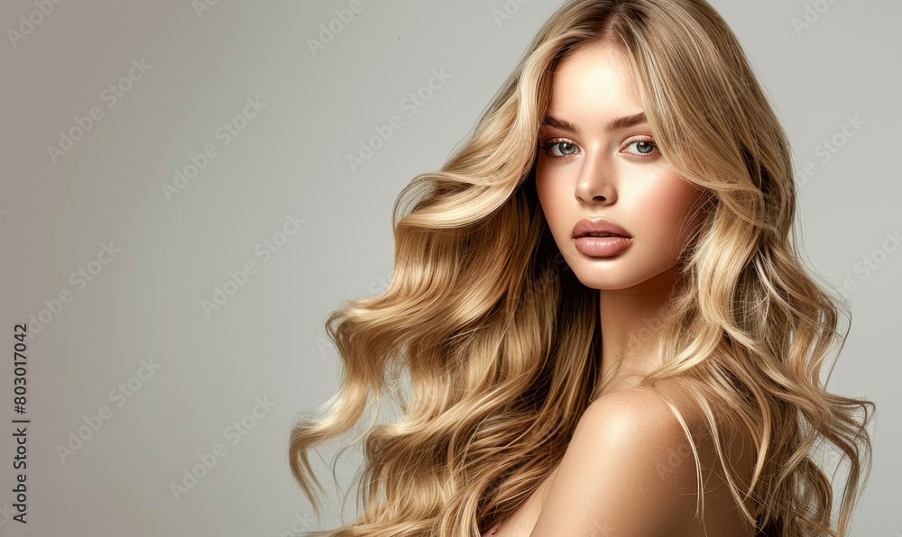A beautiful blonde woman with long, wavy hair styled in loose waves and styled in the style of a professional beauty studio for a photoshoot advertising hair extensions on a grey background A beautiful blonde woman with long, wavy hair styled in loose waves and styled in the style of a professional beauty studio for a photoshoot advertising hair extensions on a grey background
