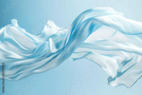 Elegant white fabric flowing in the breeze with a sky blue background, capturing a sense of softness and tranquility