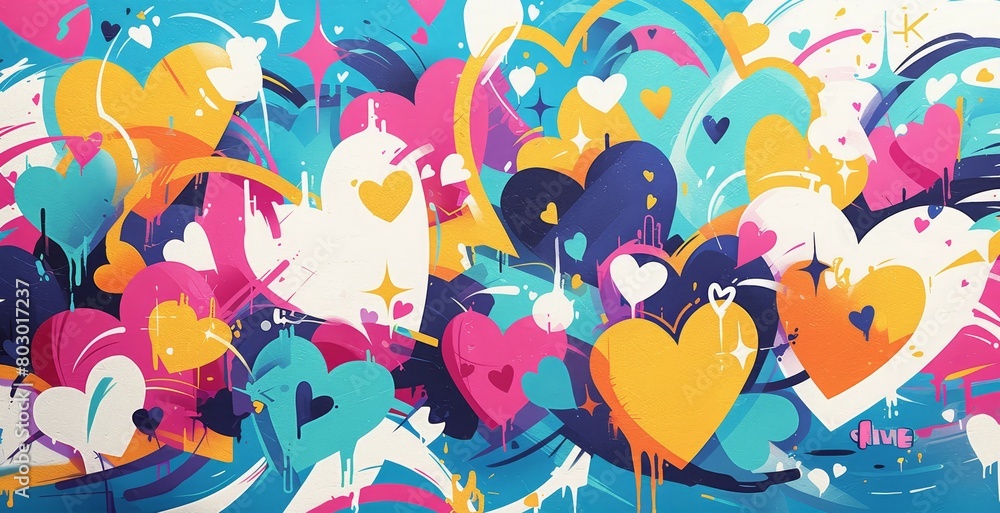 A vibrant graffiti wall filled with heart shapes, showcasing the energy and creativity of street art. 