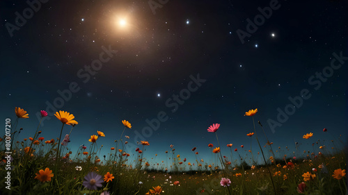 Stars are born and shoot out from flowers and fly to the sky