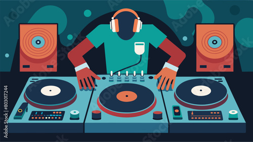 The turntables are the focal point of the stage as the DJs hands quickly maneuver between the mixer and records creating a medley of music. Vector illustration