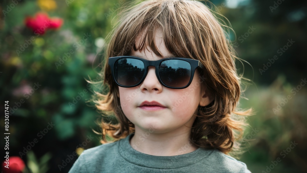 Stylish Young Boy with Sunglasses and Wavy Brown Hair in a Lush Garden Setting Stylish Young Boy with Sunglasses and Wavy Brown Hair in a Lush Garden Setting