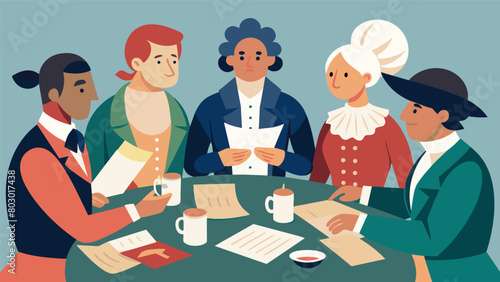 A group of diverse individuals each representing a different figure from the Revolutionary War gathered around a table as they share their letters and. Vector illustration