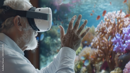 Elderly man exploring underwater world with VR headset