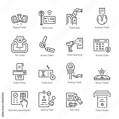 Collection of Linear Icons Depicting Ticket Issuing 

