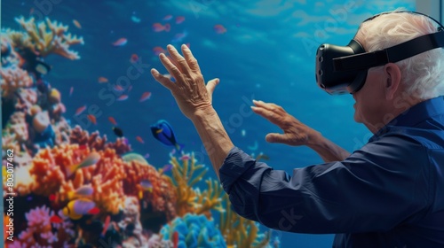 Elderly man exploring underwater world with VR headset