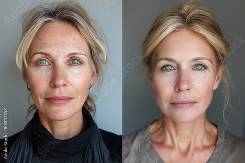 Before After photo of anti aging skin treatment of older woman in her 40s, before she has wrinkles, fine lines, afterwards smooth glowing skin and younger from microneedling, botox, ipl laser at salon