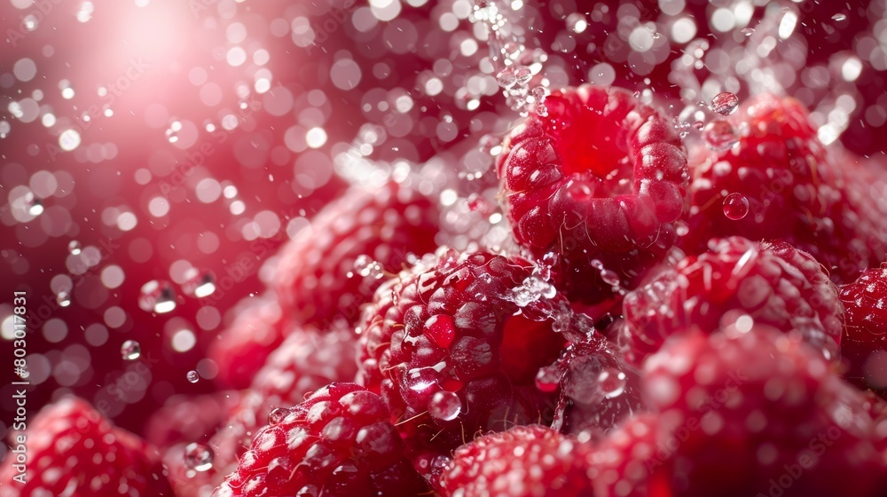 Luscious raspberries drenched in sparkling water droplets, vividly captured against a rich red background. Generative Ai Luscious raspberries drenched in sparkling water droplets, vividly captured against a rich red background. Generative Ai