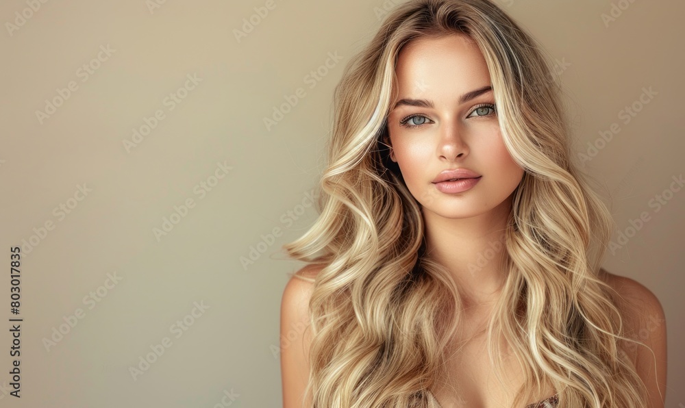 Naklejka premium A beautiful blonde woman with long, wavy hair is styled in loose waves and displays the beauty of her shiny and smooth hairstyle. Suitable for hair advertising