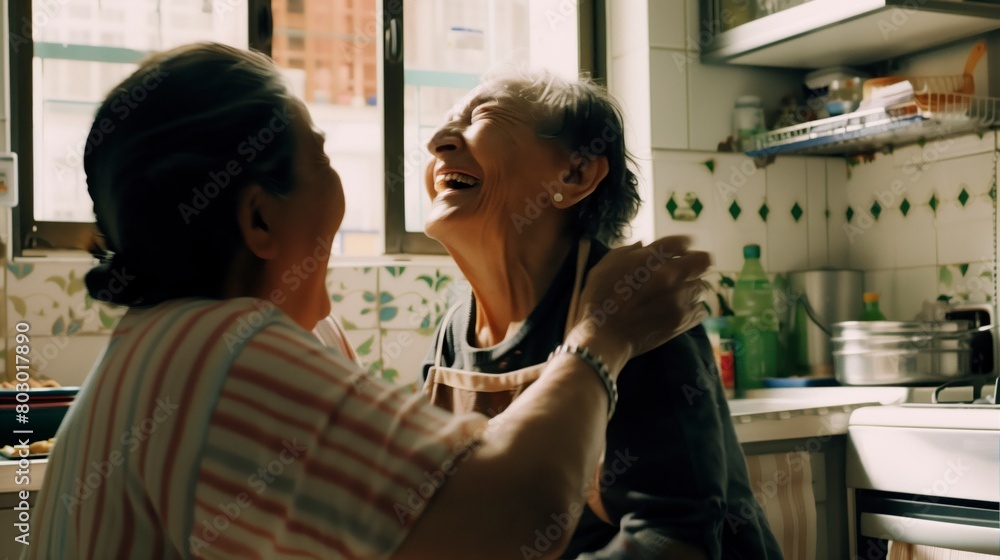 Elderly Women Sharing a Laugh in Kitchen Elderly Women Sharing a Laugh in Kitchen