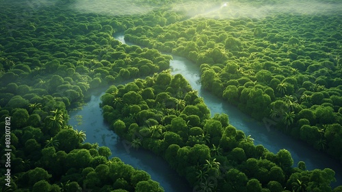 Aerial view of a dense tropical rainforest with a river winding through it  illuminated by morning mist and sunlight.