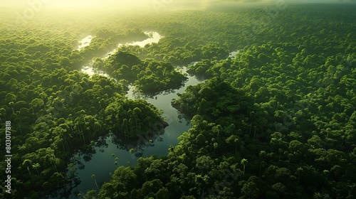 Aerial view of a dense tropical rainforest with a river winding through it, illuminated by morning mist and sunlight. © kept