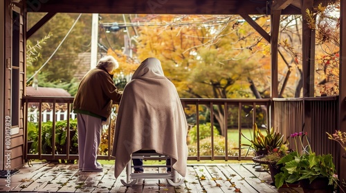 Elderly couple wrapped in blankets on the porch during autumn