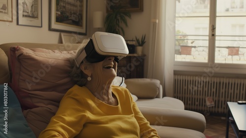  Senior woman experiencing virtual reality at home