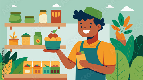 A tourist happily buying locallymade organic souvenirs from a sustainable gift shop.. Vector illustration
