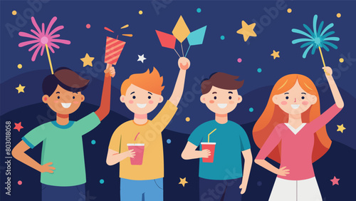 A group of teenagers ting out paper fireworks to decorate their party space.. Vector illustration