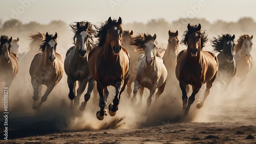 Horses run gallop in the dust at sunset  motion blur