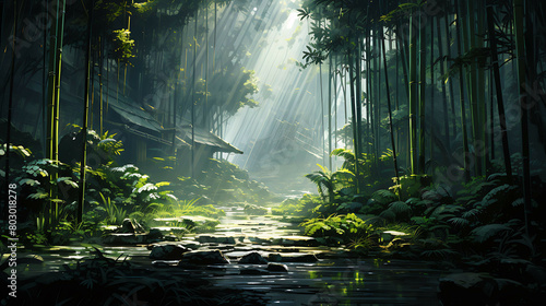 A dense bamboo forest, where the green columns rise high into the sky, barely moving in the breeze, and the filtered light creates patterns on the forest floor, inviting quiet contemplation. photo