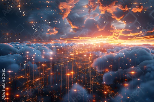 Glowing data streams flow through the clouds  shaping the future of technology