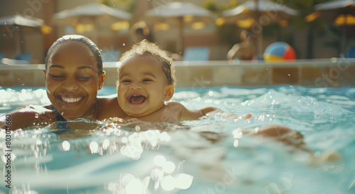 A mother and her baby in the pool, smiling while playing together. The child is learning to swim with their family's help