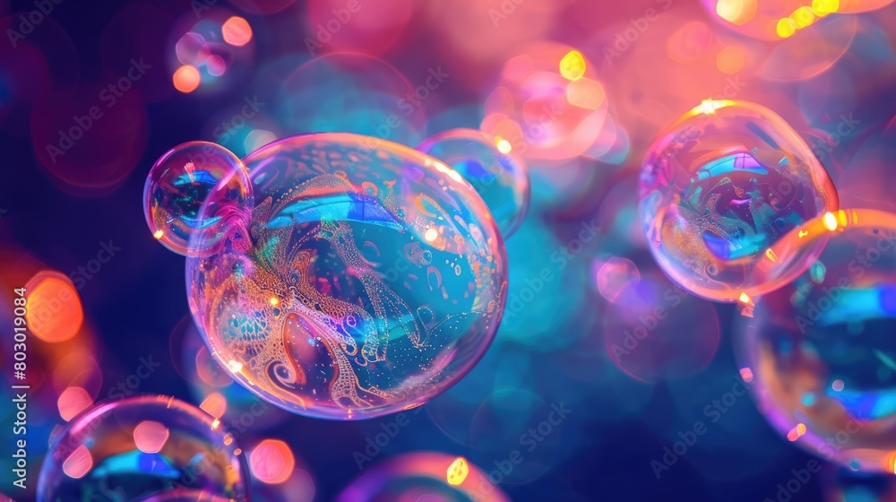 An iridescent air bubble on a background with a gradient. A lot of bubbles are flying in a chaotic manner. An iridescent air bubble on a background with a gradient. A lot of bubbles are flying in a chaotic manner.