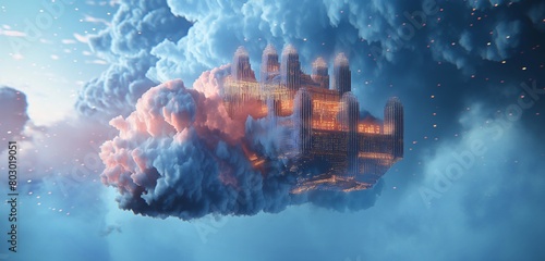 A cloud shaped like a fortress, floating in a digital sky, with walls and towers made of secure code and data blocks. 