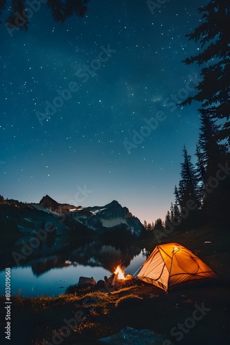 Family Camping Adventure Under StarFilled Mountain Sky at Tranquil Lake photo