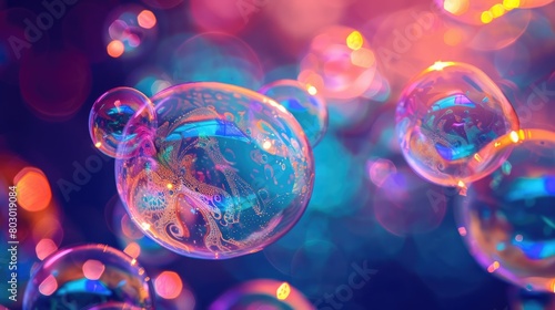 An iridescent air bubble on a background with a gradient. A lot of bubbles are flying in a chaotic manner. © Cherkasova Alie