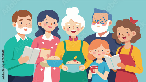 A group of elderly neighbors happily sharing their family recipes with the younger generation.. Vector illustration