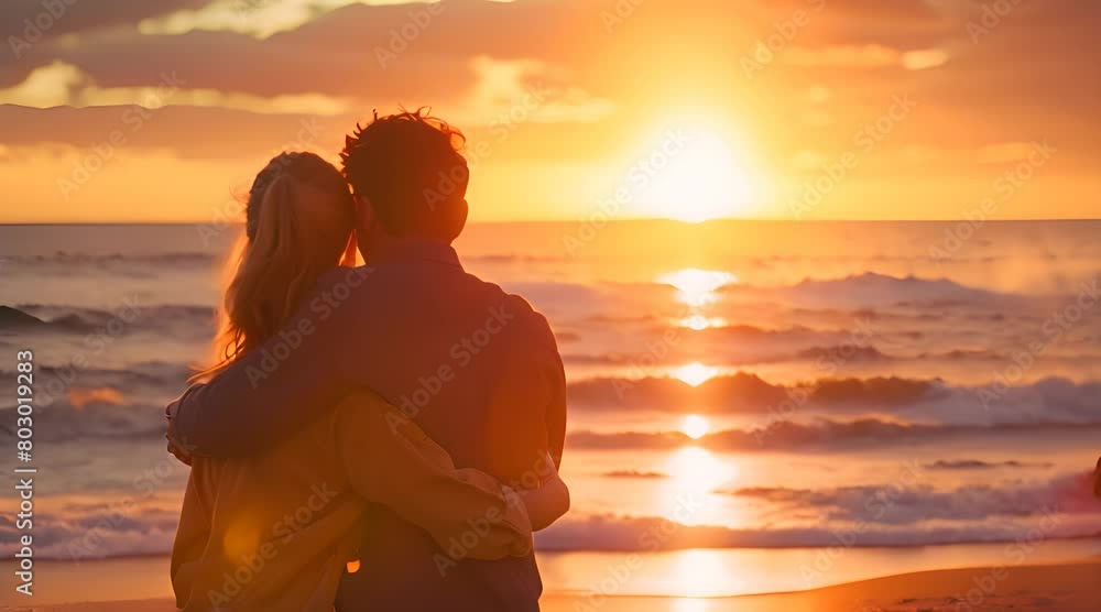 a couple standing on the beach watching the sunset, gorgeous romantic sunset a couple standing on the beach watching the sunset, gorgeous romantic sunset