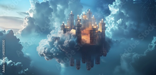 A cloud shaped like a fortress  floating in a digital sky  with walls and towers made of secure code and data blocks. 