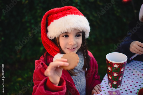 lovely smiling girl with christmas hat holding cookie