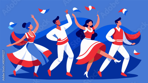 A group of local dancers twirl and spin in their red white and blue costumes delighting the crowd with their energetic routine.. Vector illustration