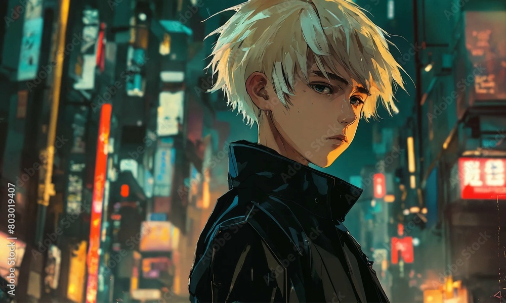 Obraz premium anime boy with short blond hair in the cyberpunk city