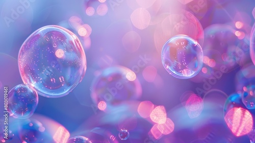 An iridescent air bubble on a background with a gradient. A lot of bubbles are flying in a chaotic manner.