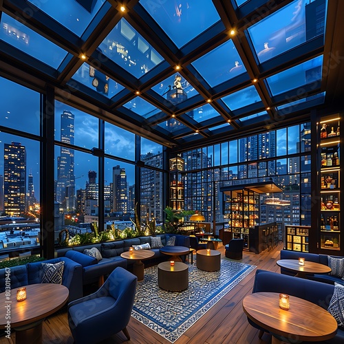 A luxurious  rooftop bar with panoramic views of the city skyline and a stylish  modern decor.