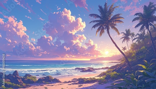 A vibrant and enchanting sunset over an exotic island  with palm trees swaying in the breeze  colorful clouds casting long shadows on golden sand  waves crashing against rocks at shore s edge